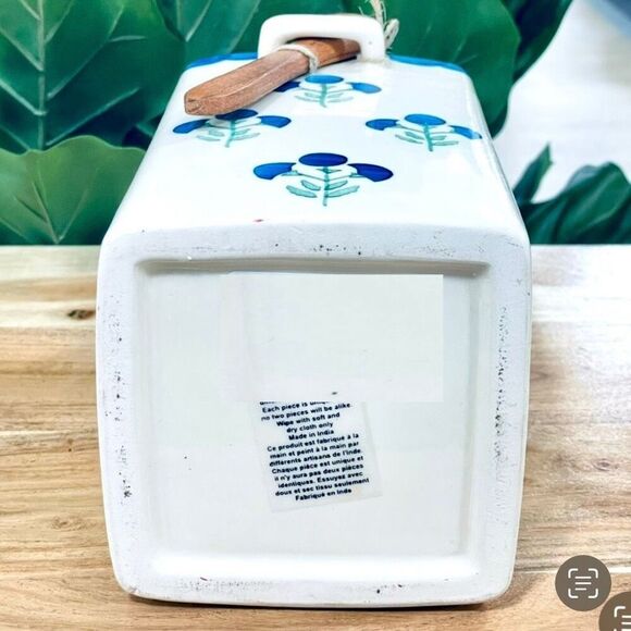 NWT Tik Tok Viral Made in India Artisan Blue Ceramic Canister w Wood Spoon & Lid - Picture 10 of 16